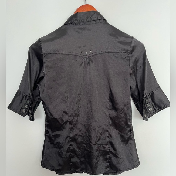 Vintage Y2K Plastic Black Satin-like Button-Up Shirt size small - Picture 4 of 5